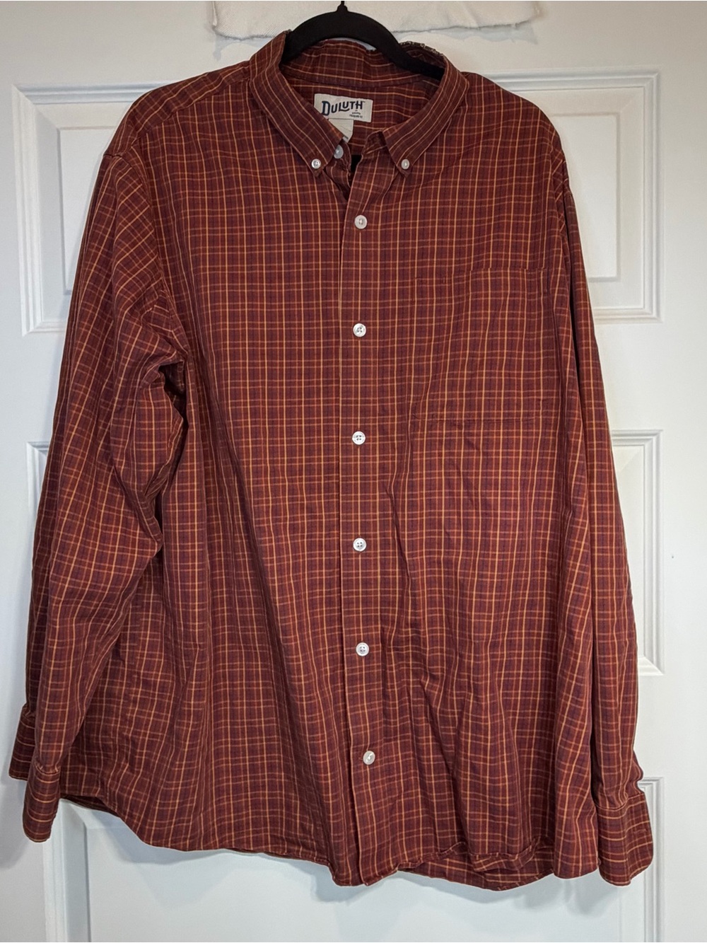 Duluth Trading Co Men’s XL Plaid Shirt 100% Cotton Relaxed Fit Orange Blue 1130